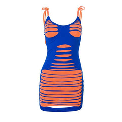 Contrast u neck self tie backless mini dress