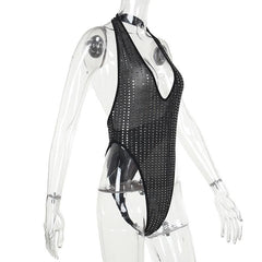 Glitter v neck low cut backless halter bodysuit