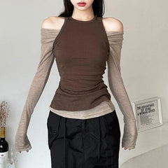Contrast long sleeve 2-way off shoulder 2 piece top