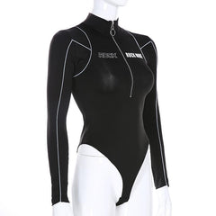 Zip-up "ROCK" pattern high neck long sleeve bodysuit