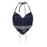Stitch contrast buckle v neck halter lace up backless denim crop top - Final Sale