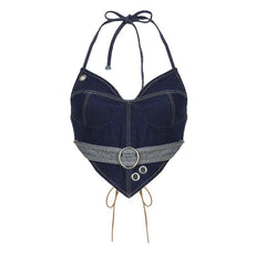 Stitch contrast buckle v neck halter lace up backless denim crop top - Final Sale