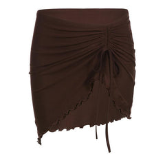 Drawstring ruffle irregular self tie solid mini skirt
