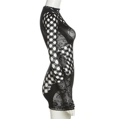 Fishnet long sleeve hollow out see through irregular mini dress