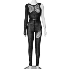 Crochet hollow out irregular one shoulder solid jumpsuit