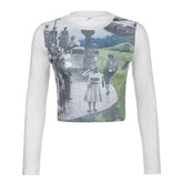 Contrast print long sleeve crewneck crop top - Final Sale