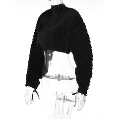 Textured solid high neck long puff sleeve self tie top