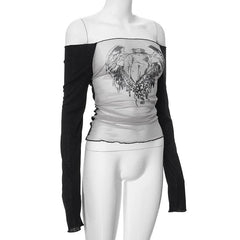 Long sleeve off shoulder ruched sheer mesh Jesus print top
