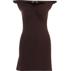 Textured off shoulder metal chain knotted mini dress