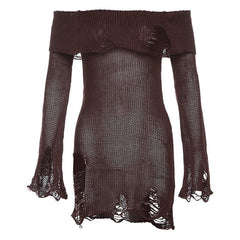 Long flared sleeve off shoulder hollow out see through knitted mini dress