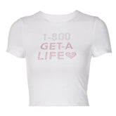 “GET-A LIFE”pattern beaded contrast short sleeve crewneck crop top