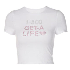 “GET-A LIFE”pattern beaded contrast short sleeve crewneck crop top