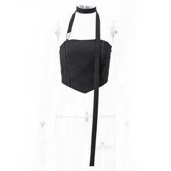 Smocked stitch halter buckle backless crop top