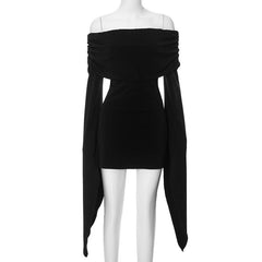 Long flared sleeve solid off shoulder ruched mini dress