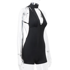 Deep V neck cross back backless ruched solid cami romper