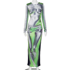 Long sleeve body print crewneck abstract contrast maxi dress
