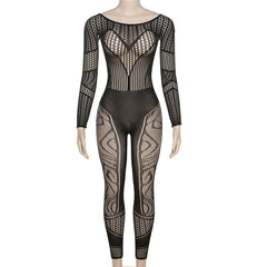 Long sleeve hollow out solid fishnet see through jumpsuit