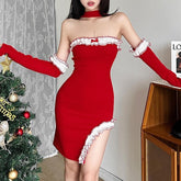 Ruffle contrast halter gloves irregular slit mini dress