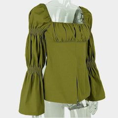 Flared pleated sleeve smocked square neck slit solid top