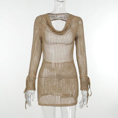 Crochet see through cowl neck long sleeve hollow out mini dress