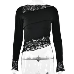 Lace patchwork irregular stitch long sleeve top