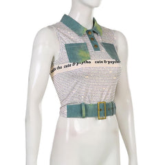 Letter print patchwork turnover collar buckle crop top