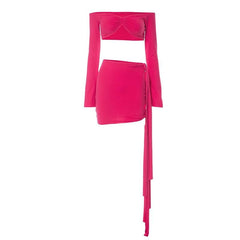 Off shoulder long sleeve ruched hollow out ribbon mini skirt set