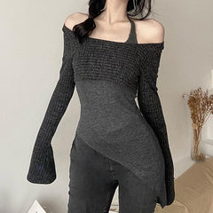 Long sleeve contrast halter o ring self tie irregular 2 piece crop top