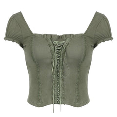 Cap sleeve lace up ruffle square neck backless top