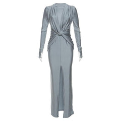 Knotted slit solid long sleeve ruched maxi dress