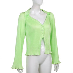 Turnover collar ribbed solid long sleeve ruffled button top - Final Sale