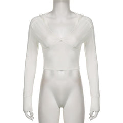 Long sleeve v neck stitch hoodie solid crop top