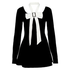 Bowknot long sleeve square neck zip-up contrast 2-way mini dress