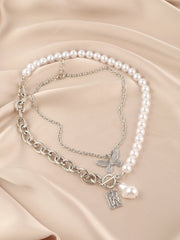 Butterfly faux pearl beaded chain 2 pcs pendant necklace