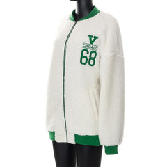 Fluffy embroidery contrast zip-up long sleeve coat