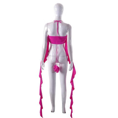 Halter sleeveless solid ruffle self tie ribbon crop top