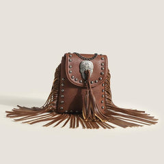 Skull applique tassels button PU leather bag