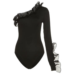 Long sleeve solid irregular one shoulder ruffle bodysuit