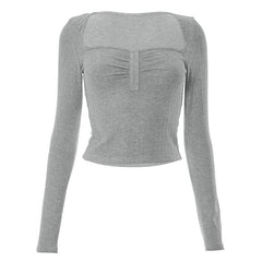 Square neck solid long sleeve ruched top