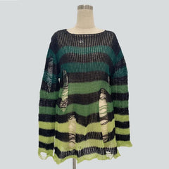 Gradient hollow out contrast striped long sleeve crochet top