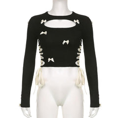 Bowknot long sleeve hollow out lace up contrast top