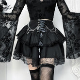 Ruched lace hem metal chain lace up zip-up mini skirt | victorian gothic dresses