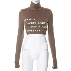 Long sleeve turtle neck letter print contrast crop top