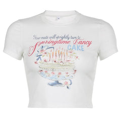 Cake pattern contrast short sleeve crewneck crop top - Final Sale