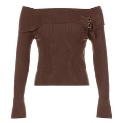 Buckle off shoulder solid long sleeve top
