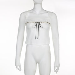 Square neck contrast long sleeve stitch bowknot crop top