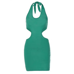 Sleeveless solid v neck halter self tie backless hollow out mini dress