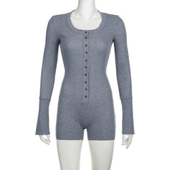 Button round neck long sleeve slit solid romper
