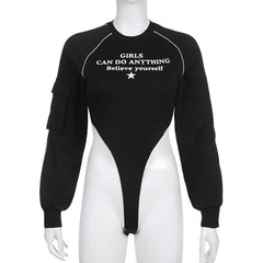 Pocket letter print long sleeve crewneck contrast bodysuit