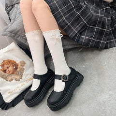 Ruffle faux pearl bowknot long socks